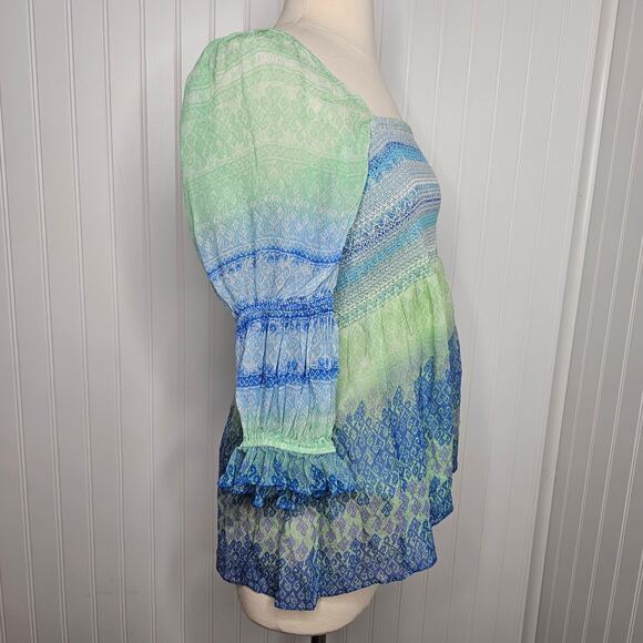 Hale Bob Women's Brittany Smocked Top Size Medium Smocked Vacation Green Blue - Picture 5 of 16